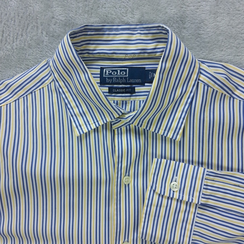 Polo Ralph Lauren Mens Medium Classic Fit Striped Button Down Shirt Blue Yellow